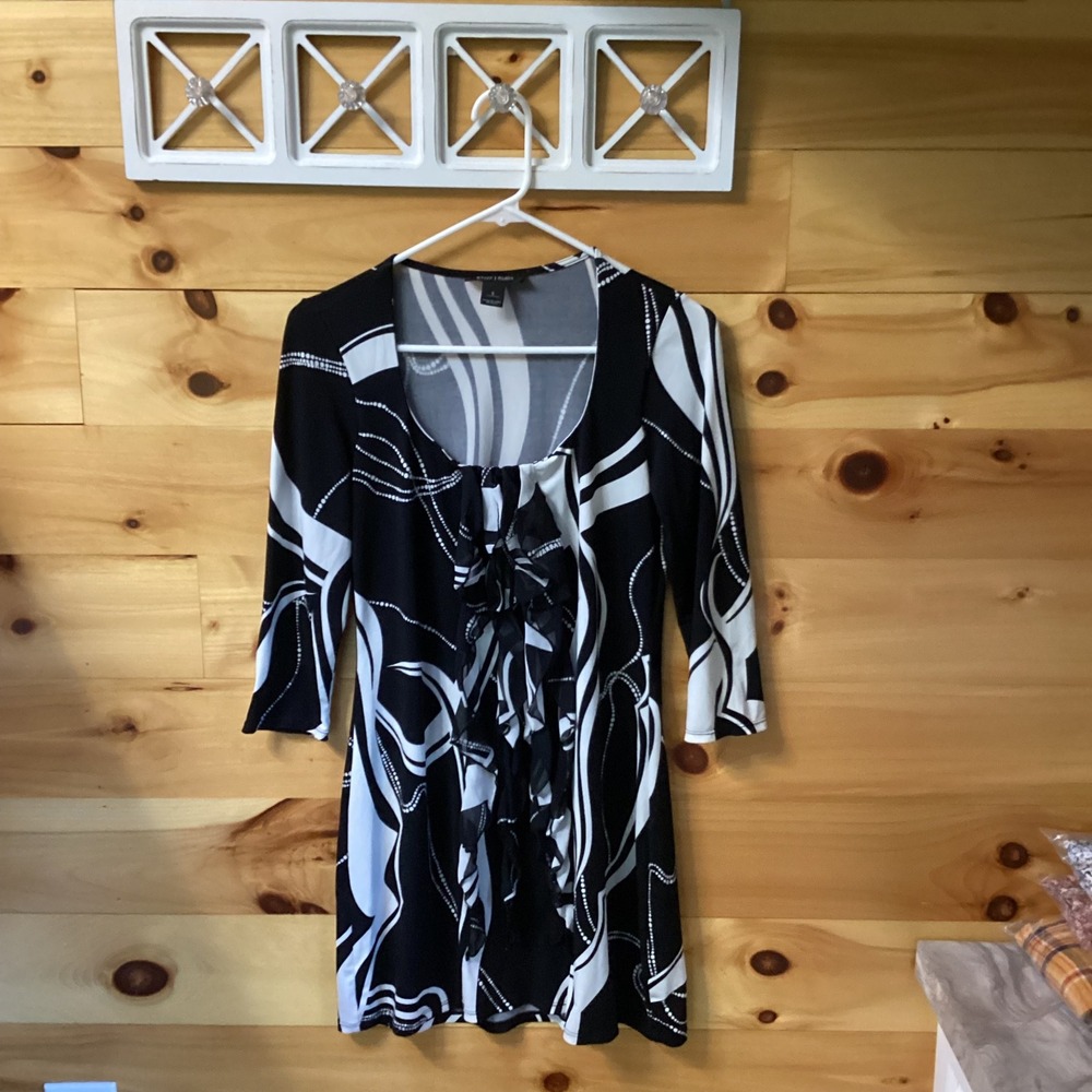 White House Black Market Black White Abstract Ruffle Tunic Dress Womens Small